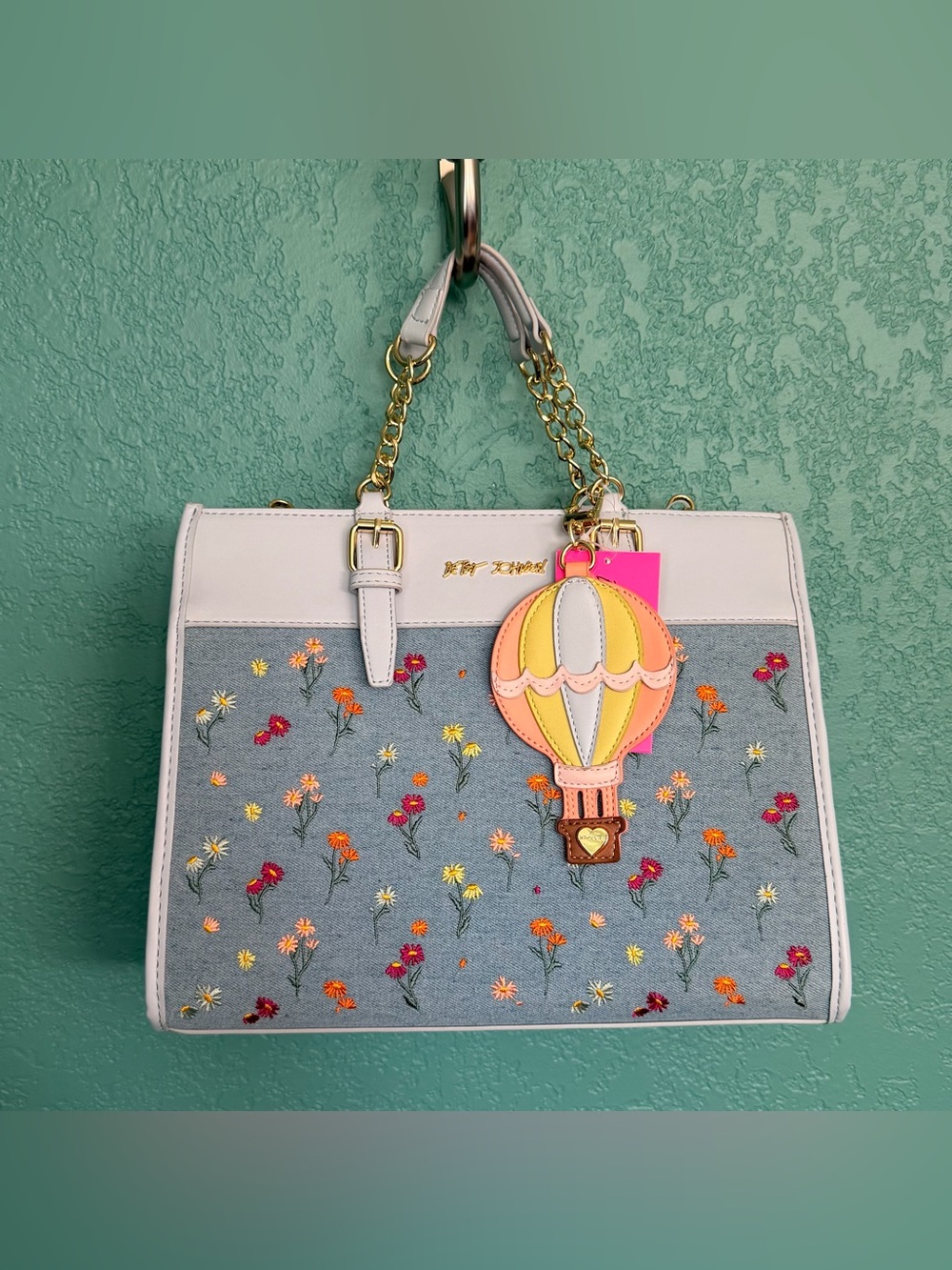 Betsey Johnson Denim Floral Embroidered Satchel with Hot Air Balloon Charm